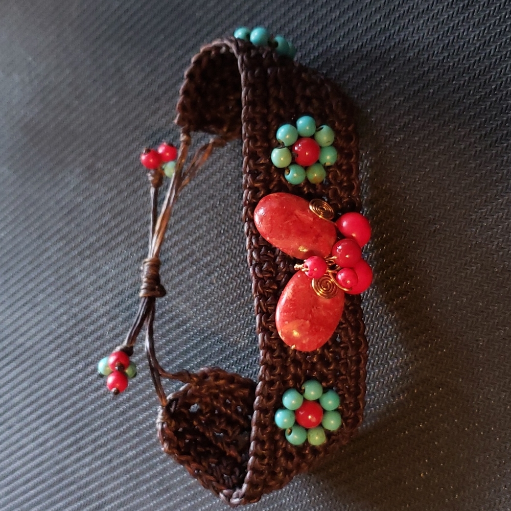NWOT Red Stone Butterfly and Turquoise Adjustable Bracelet